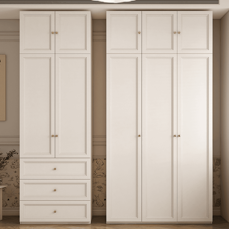 White Minimalist Laminate Wardrobe Closet with 3-Drawer, Soft Close Door, Interior Shelves, and Clothing Rod