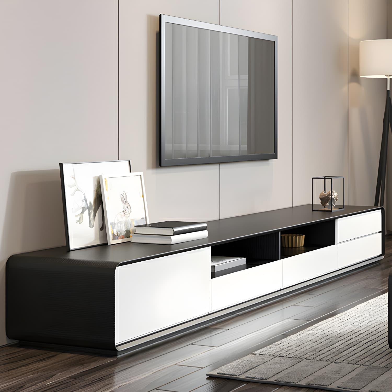 Scandinavian Wood TV Stand with Drawers and Cabinet for Long TVs - Cable Management Included