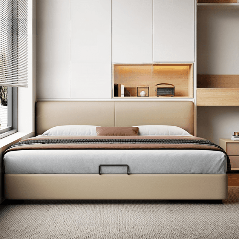 Cream Solid Color Storage Bed/Storage Panel Bed with 3 Storage Boxes, Genuine Leather Frame, Panel Headboard, and Sponge Upholstery for Living Room - image 3