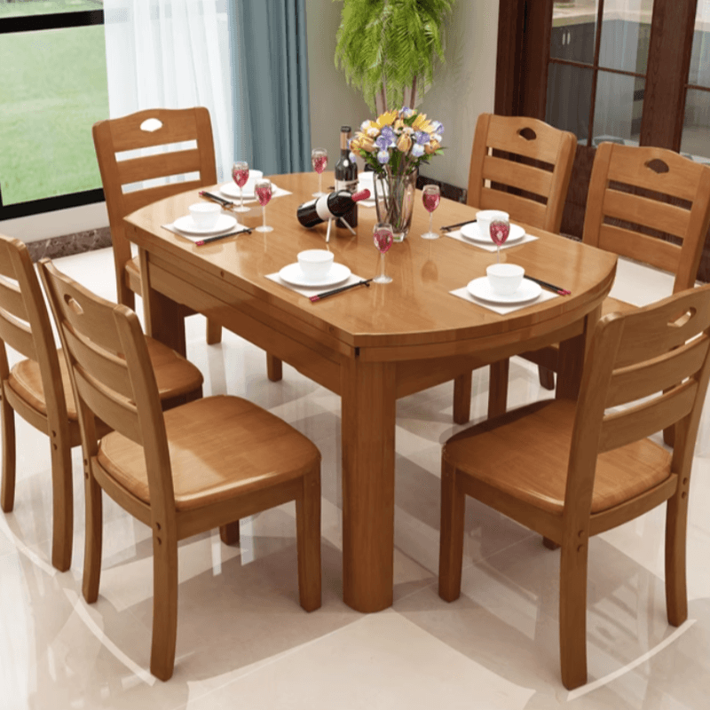 Dining Table Set with Rounded Wood Slab Top, 4 Legs, Drop Leaf, Back Seat, in White/Auburn/Amber Color - image 5