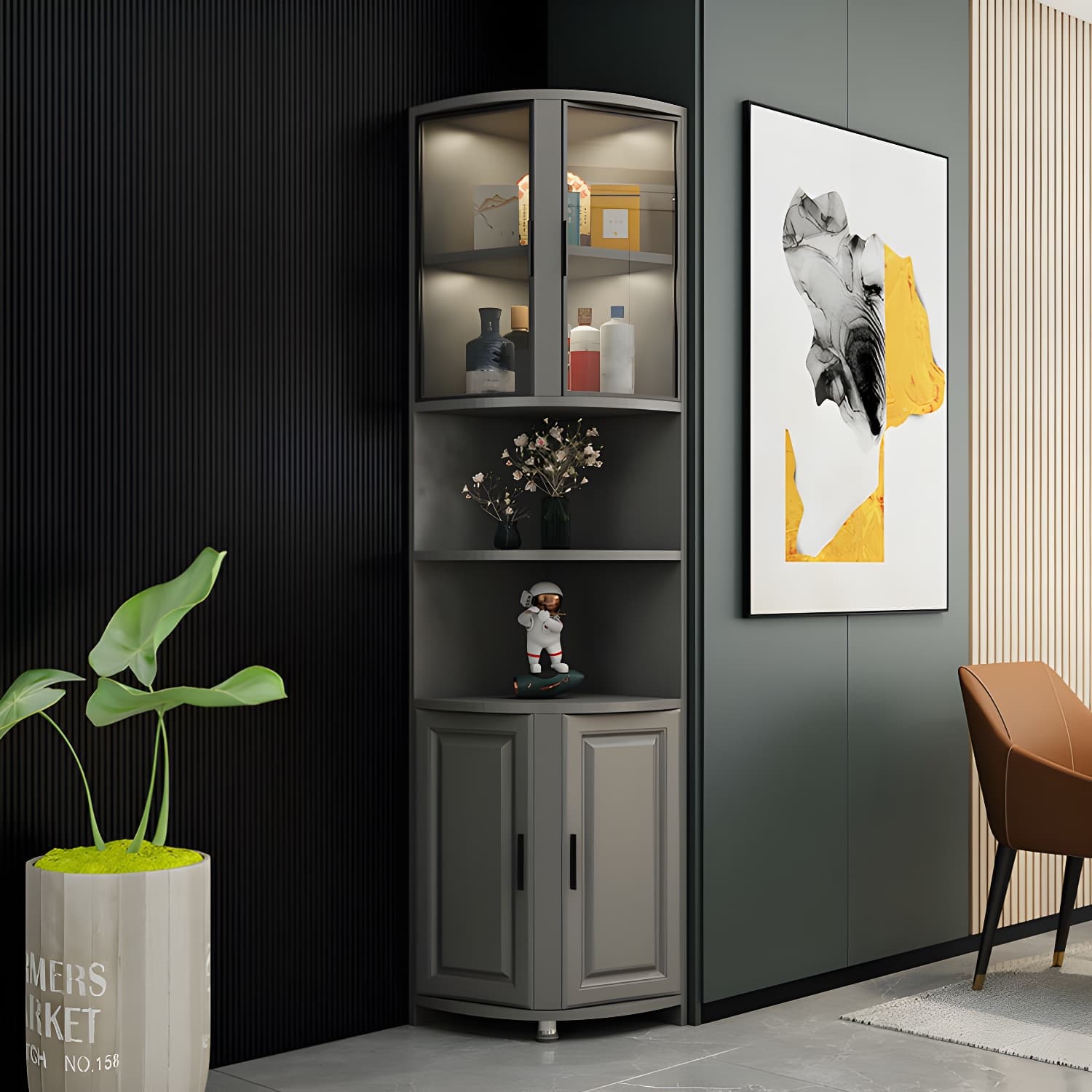 Gray Corner Accent Cabinet with Glass Doors and 8 Interior Shelves