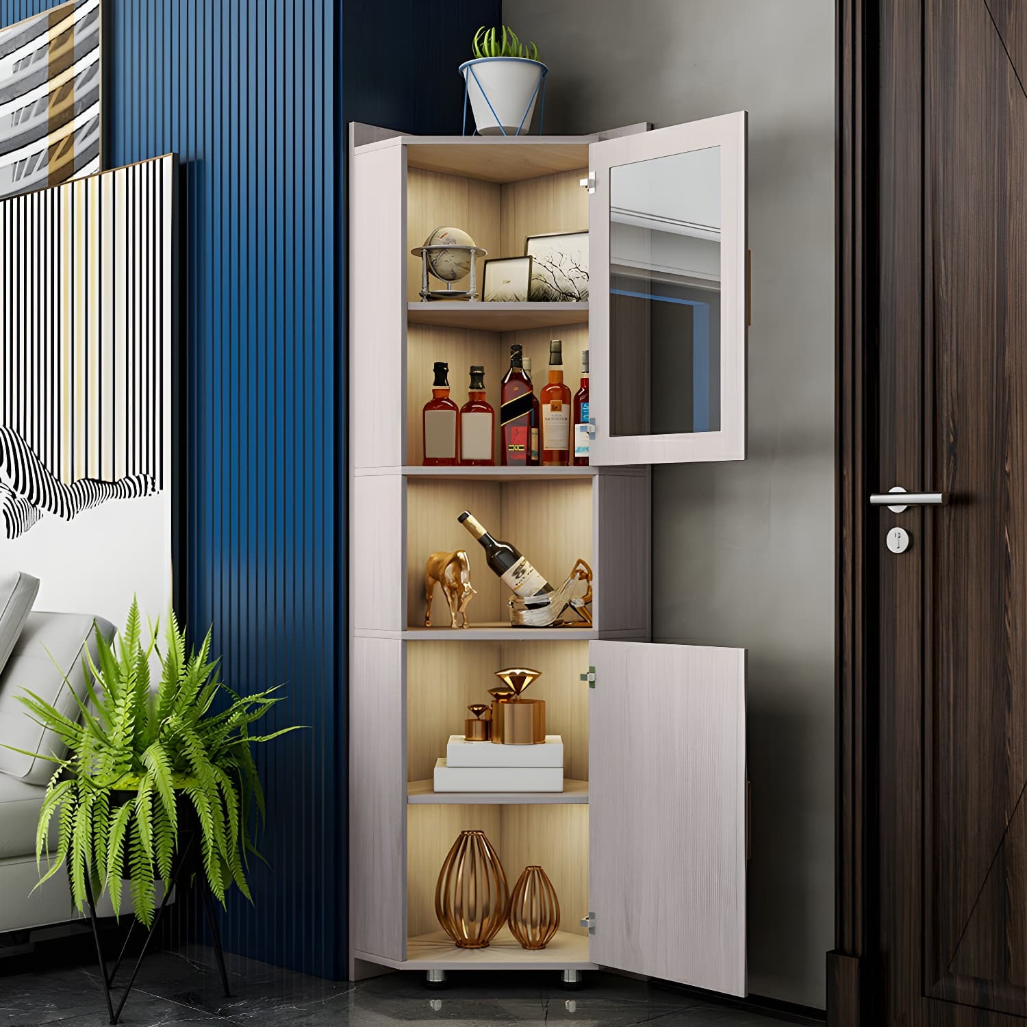 Modern White Corner Accent Cabinet with Glass Doors and Adjustable Interior Shelves