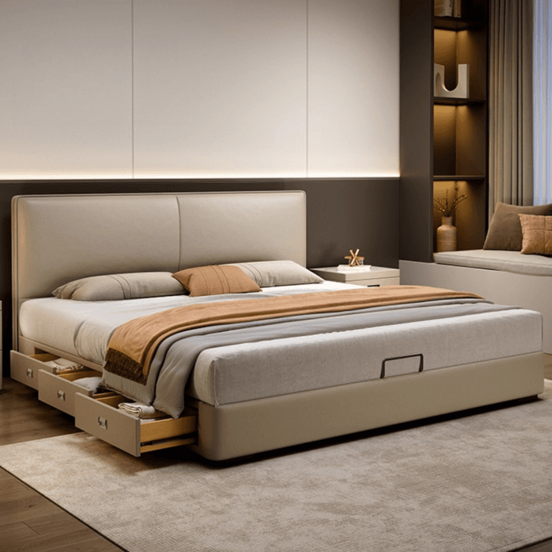 Light Gray Storage Included Panel Bed with 3 Storage Boxes, Natural Wood Frame, and Sponge Upholstery