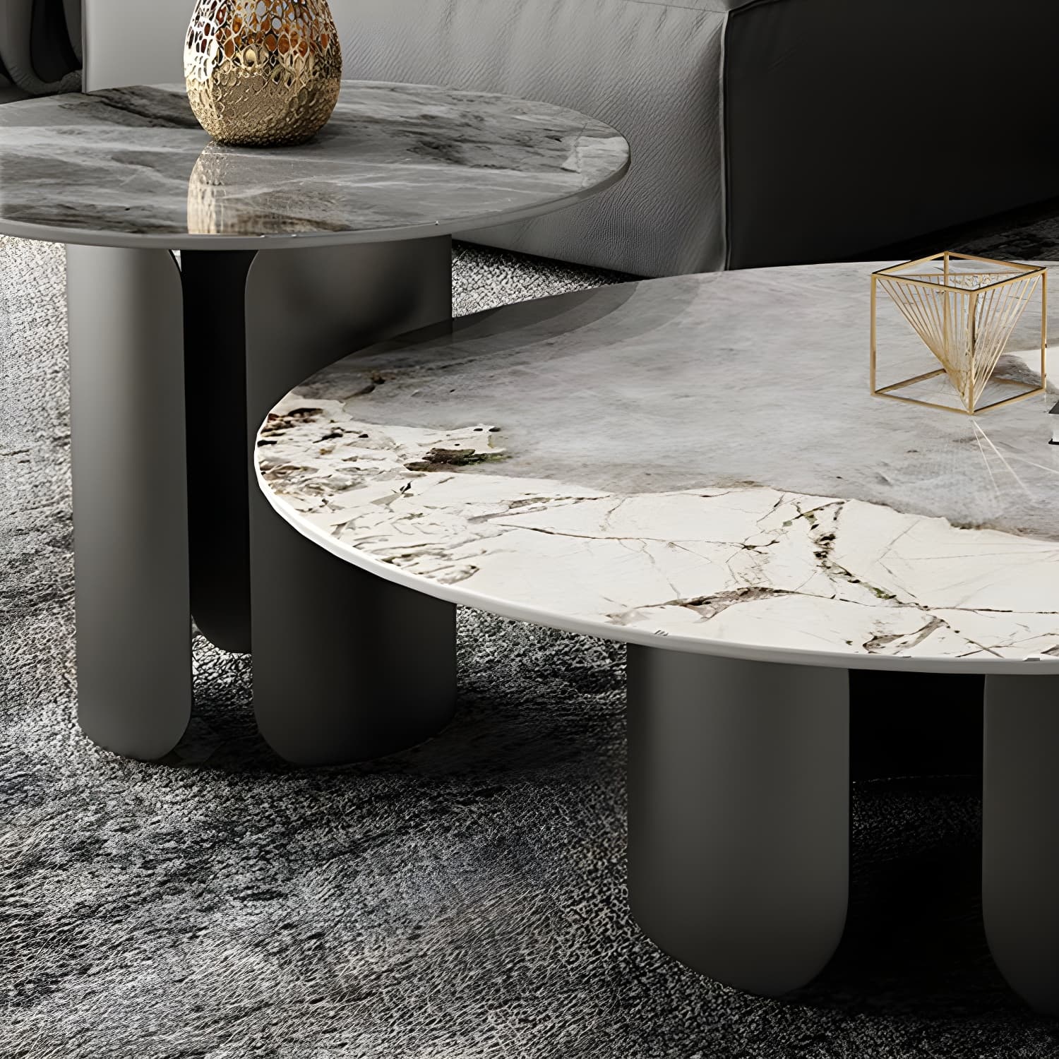 Chic Modern Round Beige Stone Top Coffee Table with Industrial Iron Base - image 9
