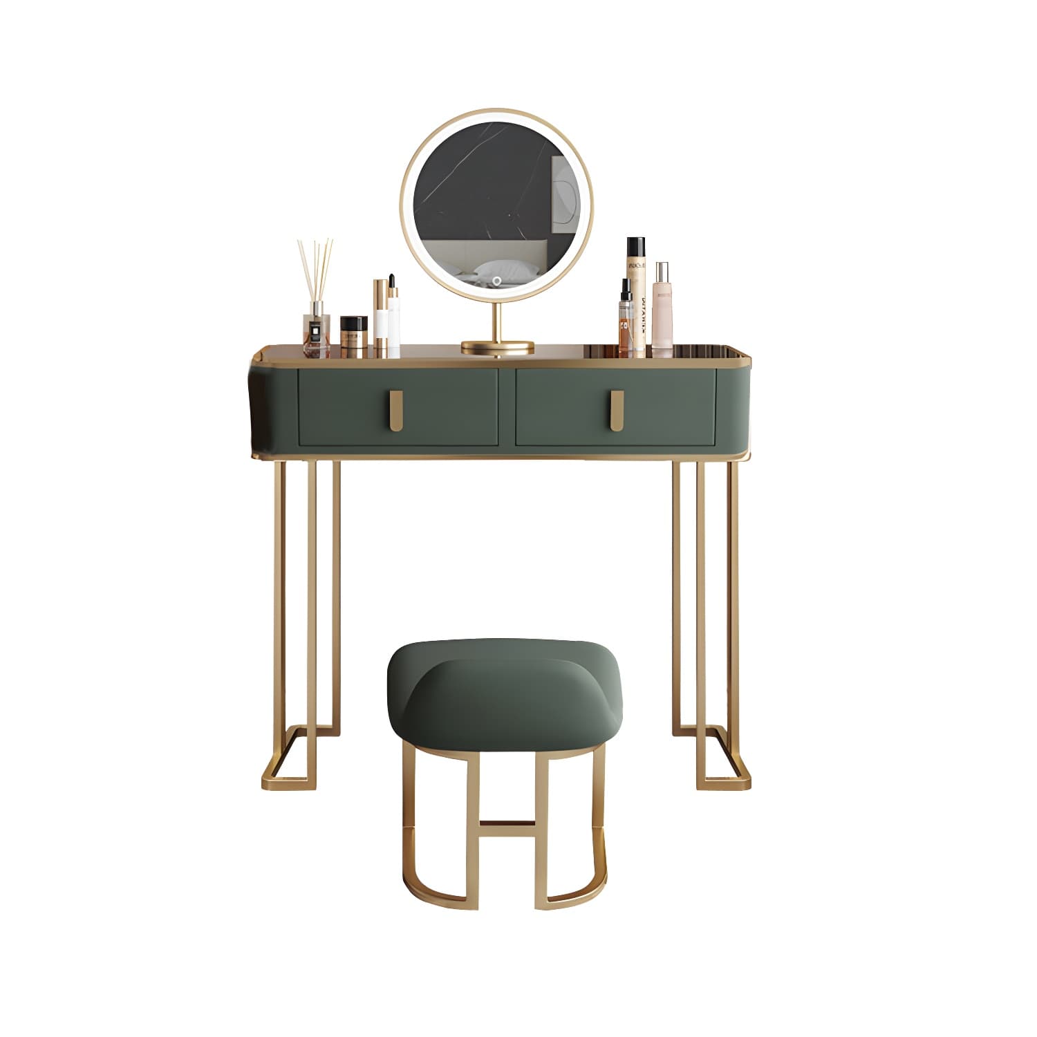Glass Top Dressing Table Solid Wood Green Make-up Vanity with Drawers - image 15