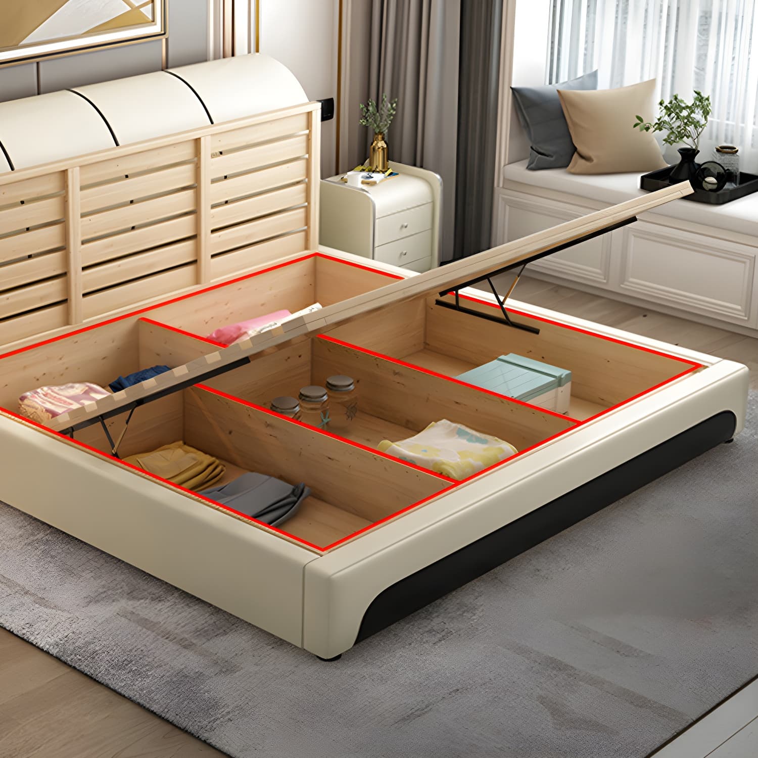 Glam Light Beige Bed Upholstered Wood Bed Frame with Headboard - image 9