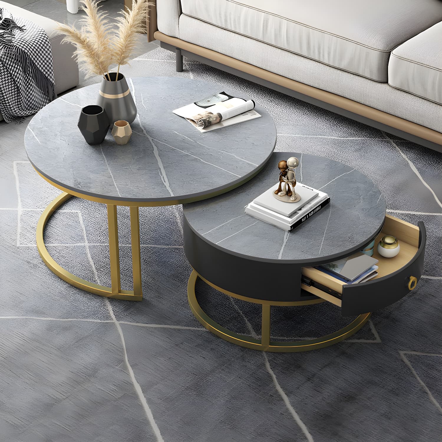 Contemporary Nesting Coffee Table Set Stone Frame Coffee Table Set - image 16