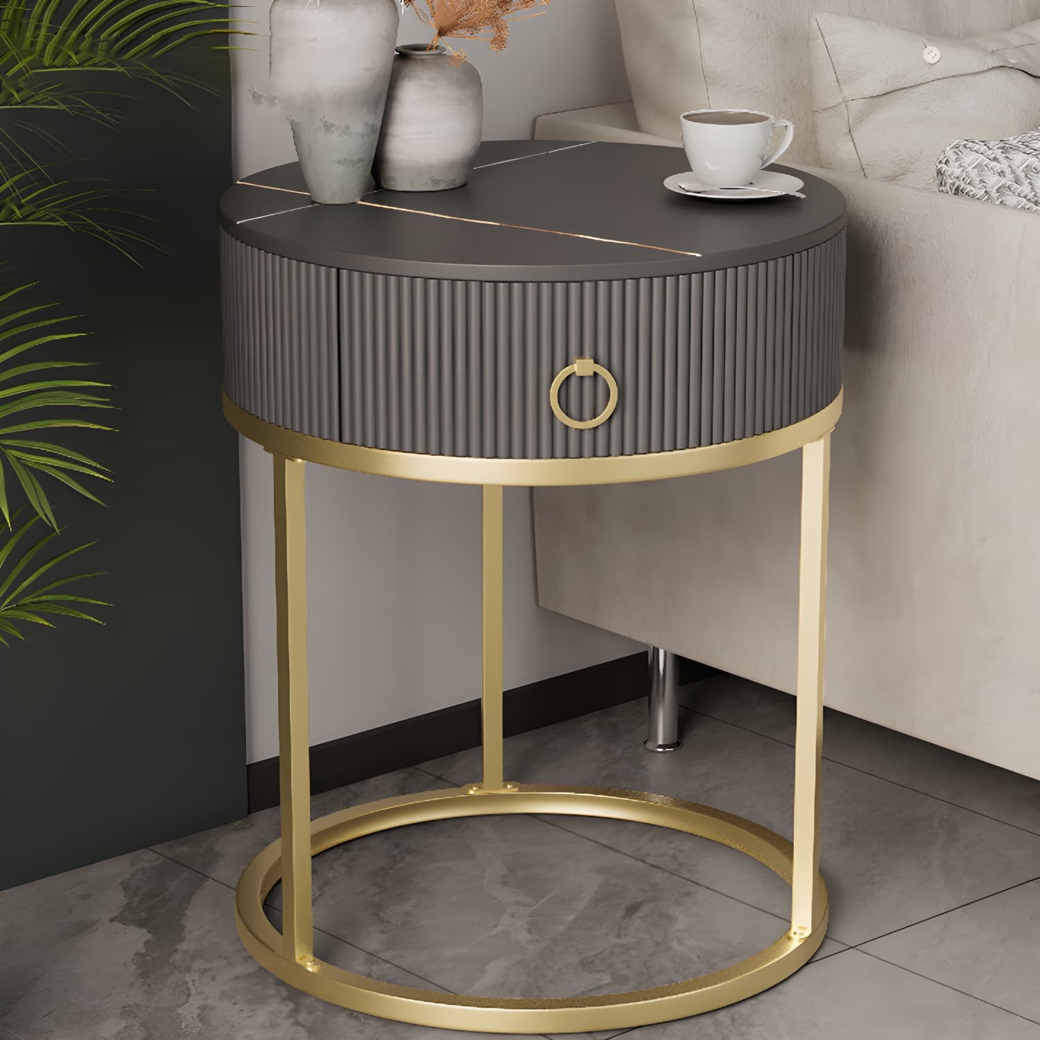 Open Storage Bed Nightstand Stone Bedside Cabinet with Drawer