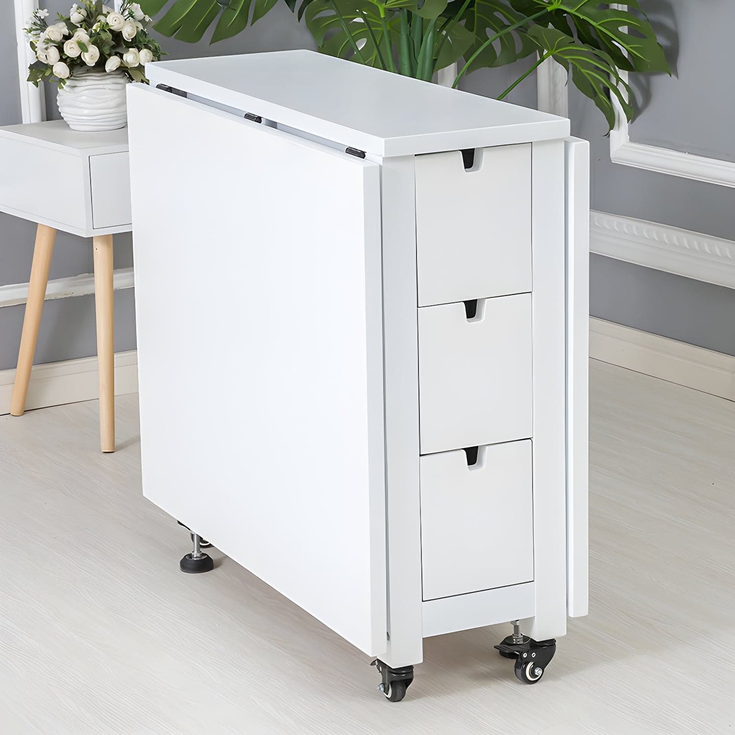 Modern Birch Wood Drop Leaf Rectangle Kitchen & Dining Table with Pedestal Base and Storage Included - image 6