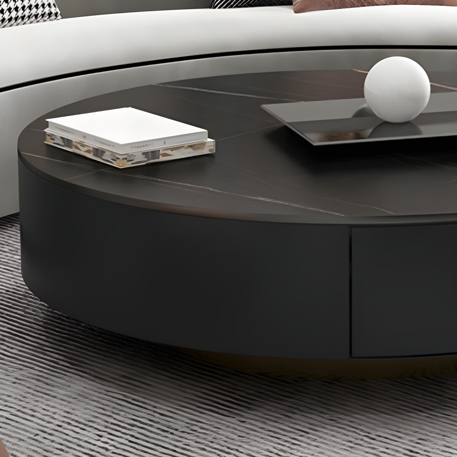 Elegant Gold Metal Drum Coffee Table with Stone Top and Storage Drawers - image 14