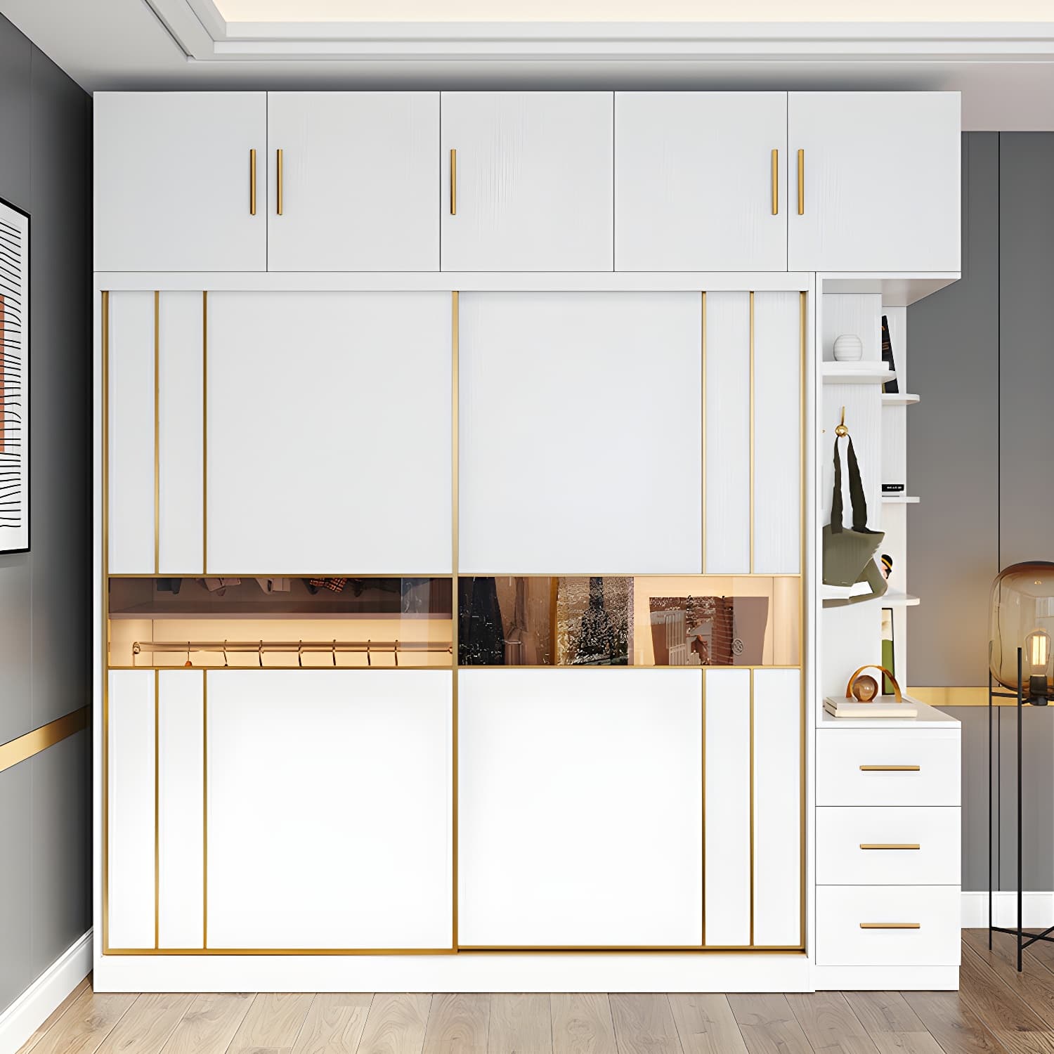 Modern White Wardrobe Armoire with Mirror, Drawers & Clothing Rod