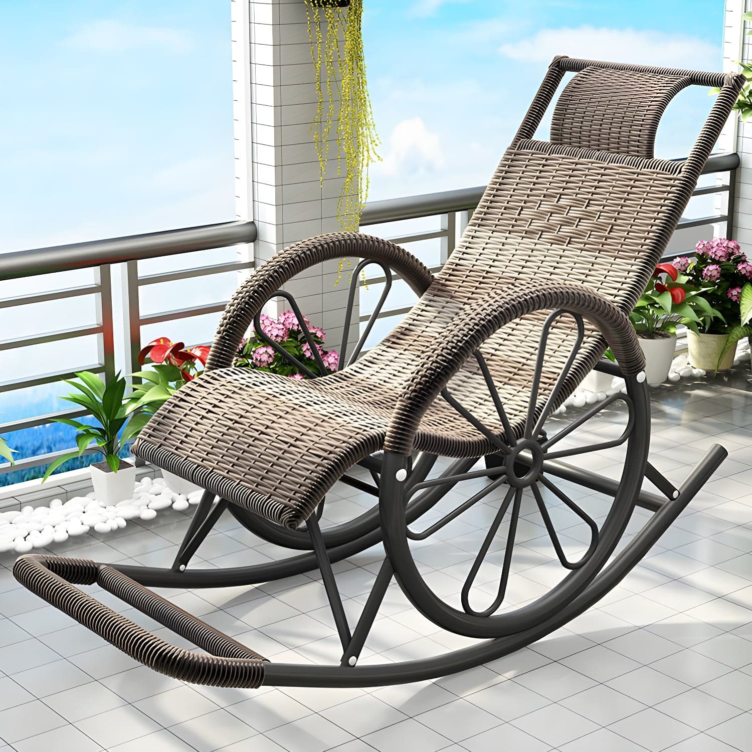 Modern Spindle Rattan Rocking Chair Metal Frame Wheel Handrail Design Rocker Chair - image 6