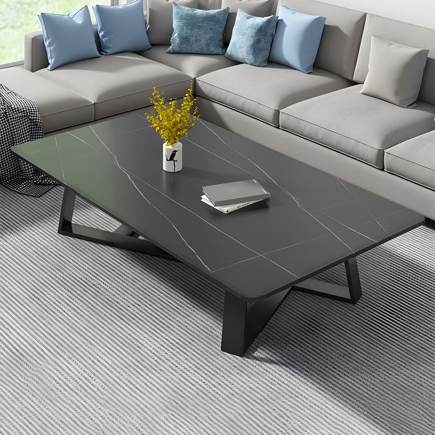 Modern Rectangle Coffee or End Table Stone and Steel Coffee Table with Cross Legs - image 17