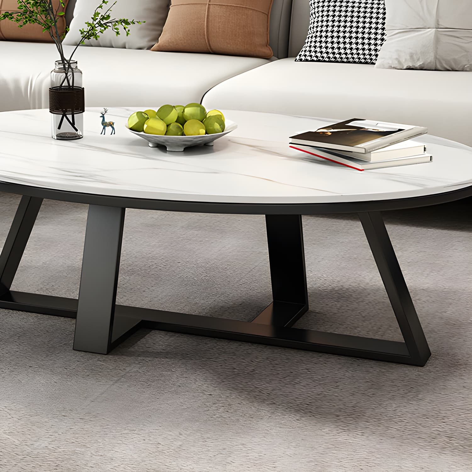 Metal Cross Legs Cocktail Table Luxurious Oval Stone Top Coffee Table - image 9