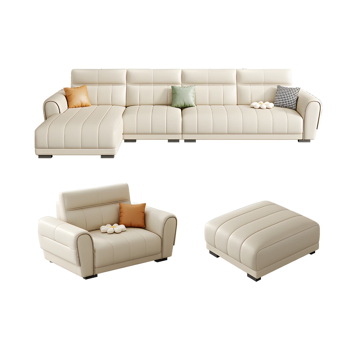 Scandinavian Wood Frame Beige Faux Leather Sectional with Cushion Back - image 15