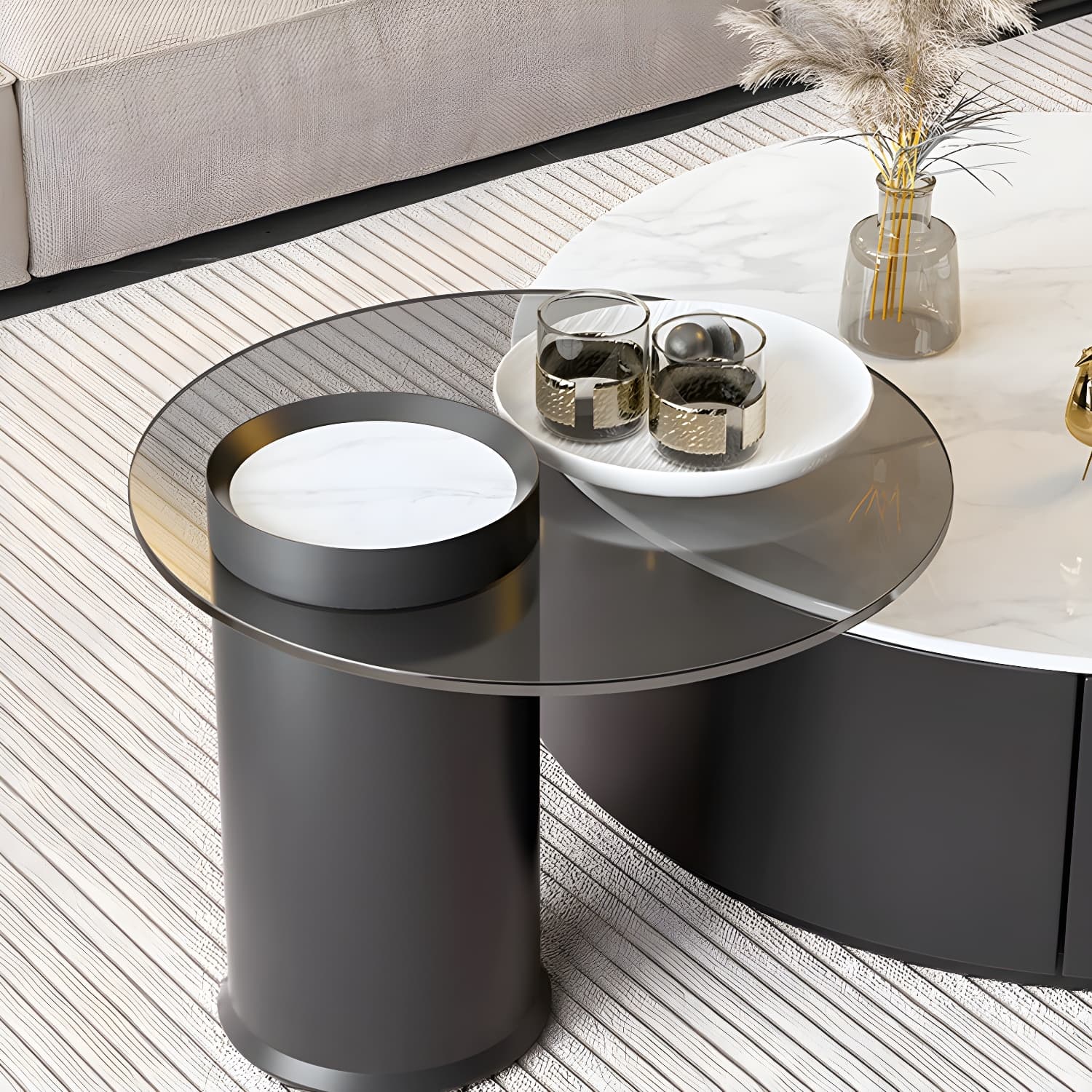 Stone Top Coffee Cocktail Table with Drawer Drum Contemporary Round - image 4