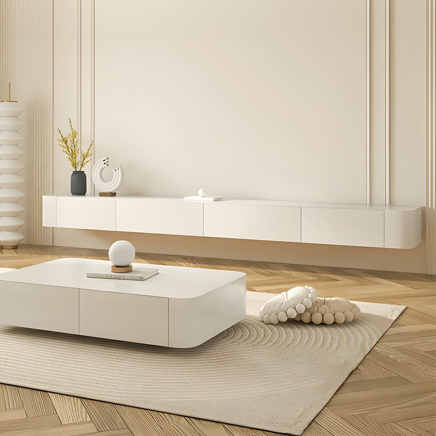 Scandinavian Solid Wood Frame Wall-mounted TV Media Stand with Drawers and Door