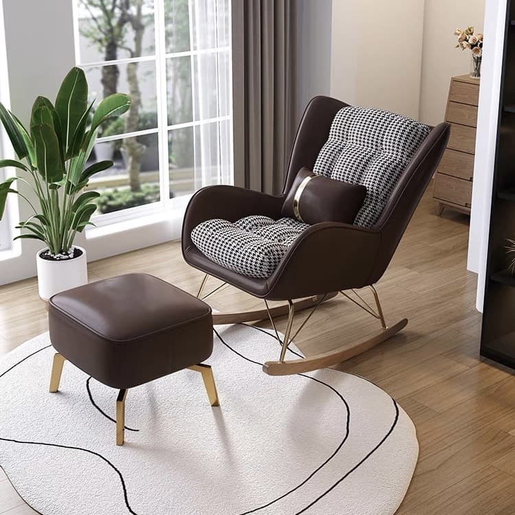 Trendy Cocoa/Lime Green/White Upholstered Rocking Chair Couch 2 Piece Set with Track Arm & Ottoman, Scratch-defiant