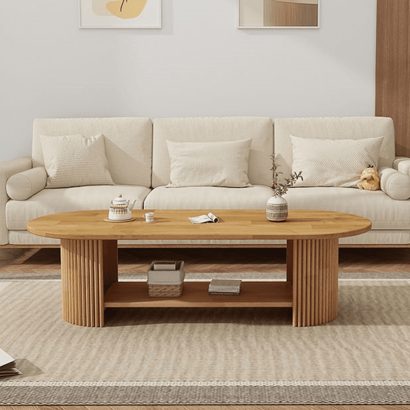 Oval Natural Wood Coffee Table with Twin Support Base, Repository, and 1 Shelf