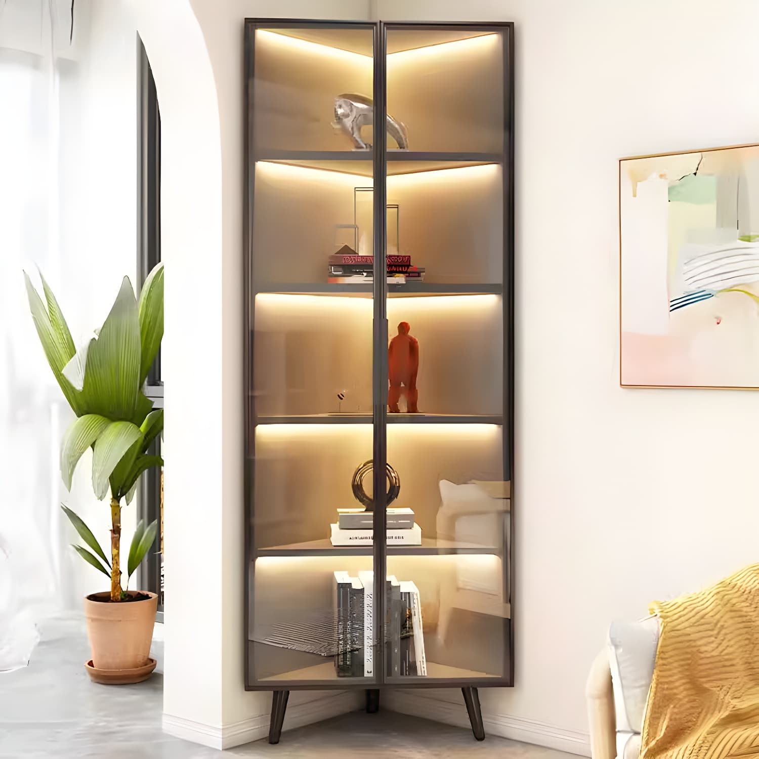 Modern Corner Accent Cabinet with Glass Doors and Metal Base without Light - image 4