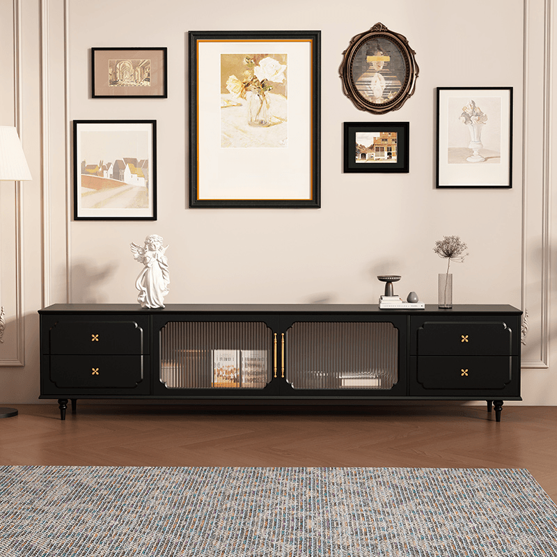 Black Art Deco Wooden TV Stand with Shelf, 4 Drawers, 2 Cabinets, and Cable Management