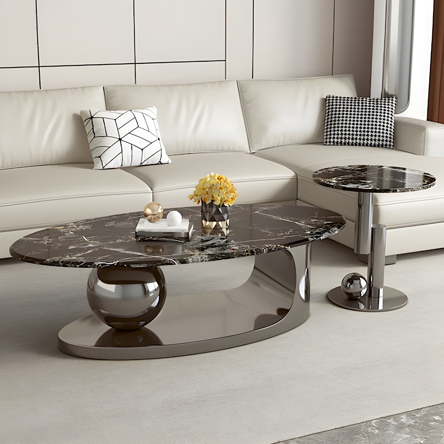 Chic Oval Stone Coffee Table - Modern Elegance with Metal Pedestal Base - image 3