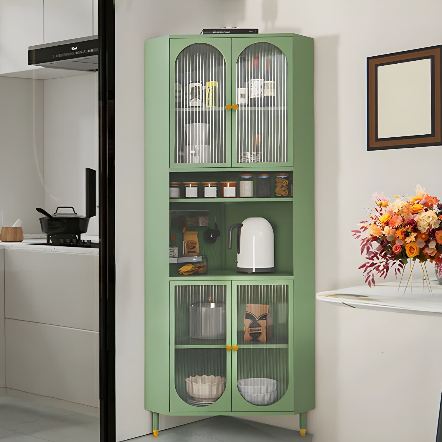 Corner Scandinavian Accent Cabinet with Steel Base and Glass Doors, and Adjustable Shelves