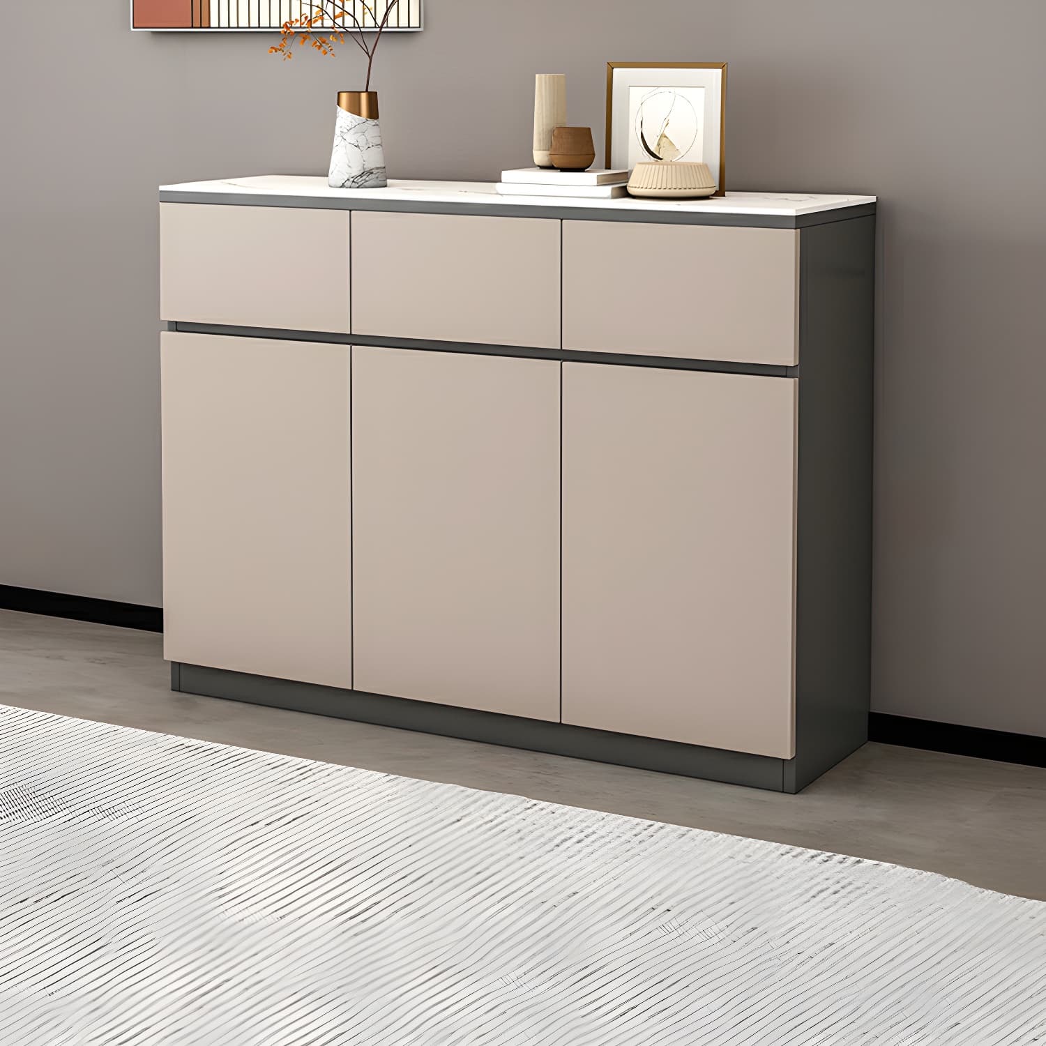 Modern Wood Sideboard Credenza with Drawers and Cabinets - Stone Countertop