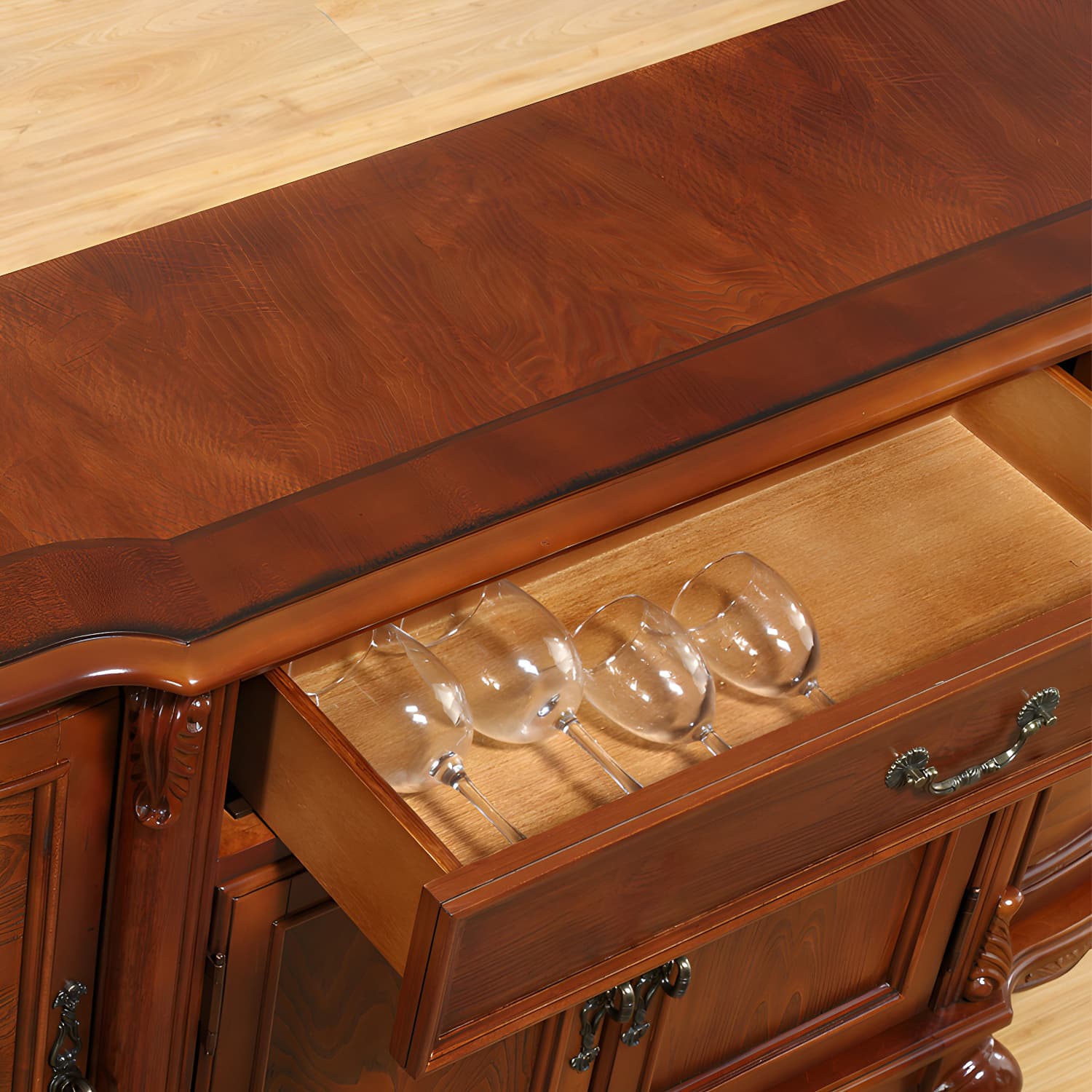 Traditional Style Wood Sideboard Credenza with 4 Cabinets and Drawers and 3 Interior Shelves - image 5