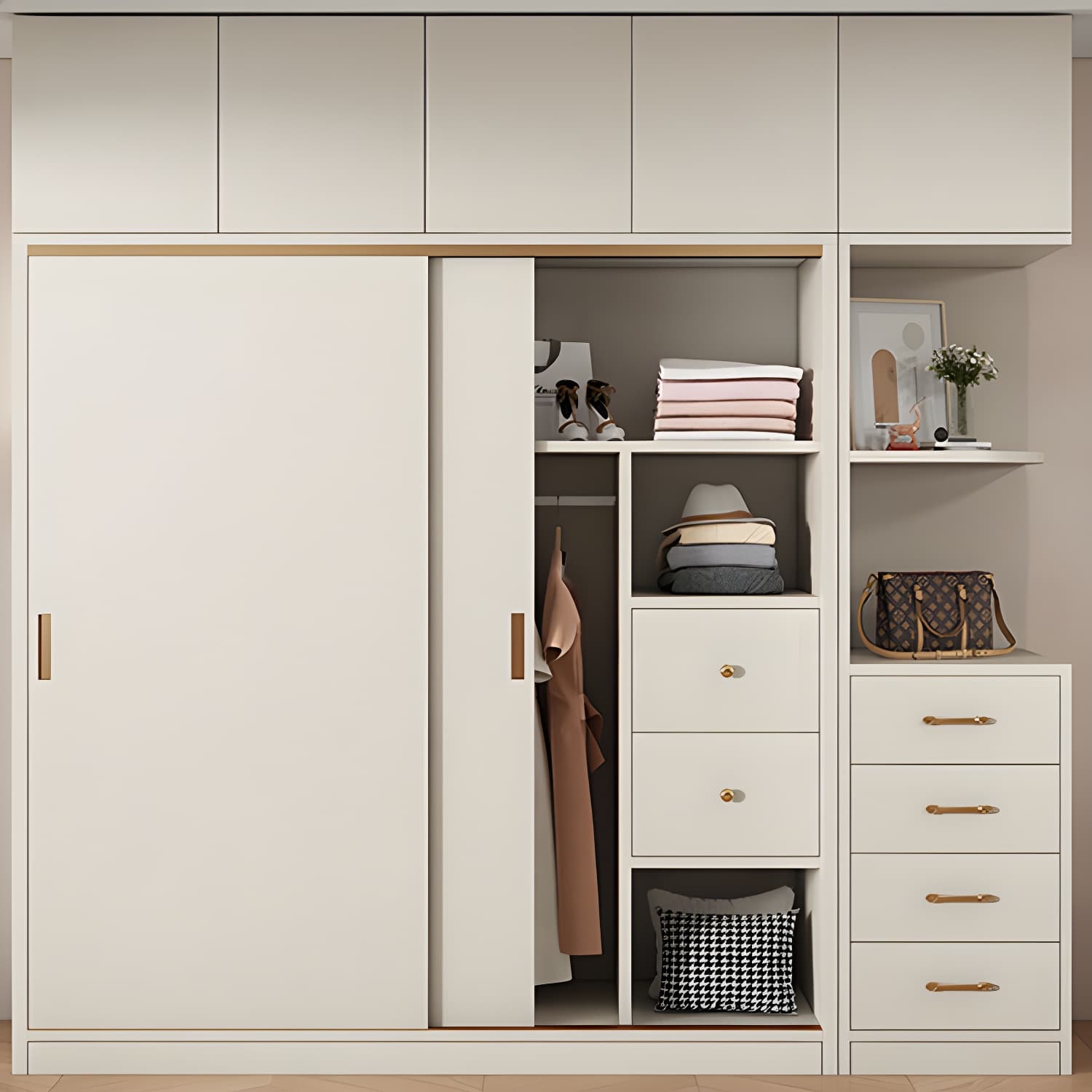 Modern White Wood Wardrobe Armoire with Sliding Doors and Soft Close Drawers