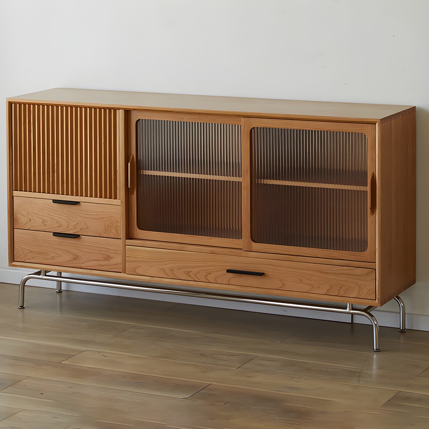 Solid Wood Sideboard Table Natural Adjustable Shelves Credenza with Glass Door - image 11