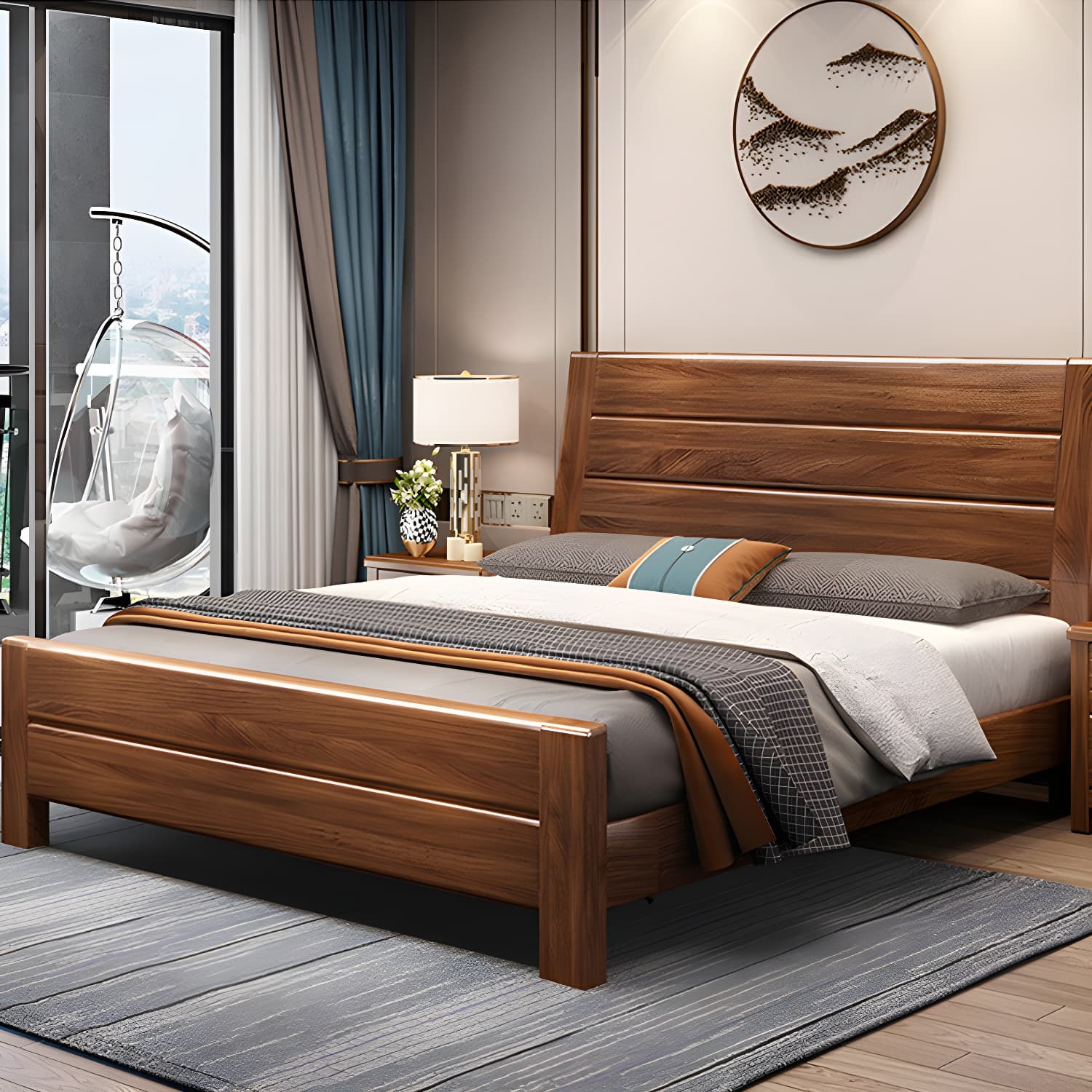 Mid-Century Modern Standard Bed Walnut Panel Bed with Headboard - image 11