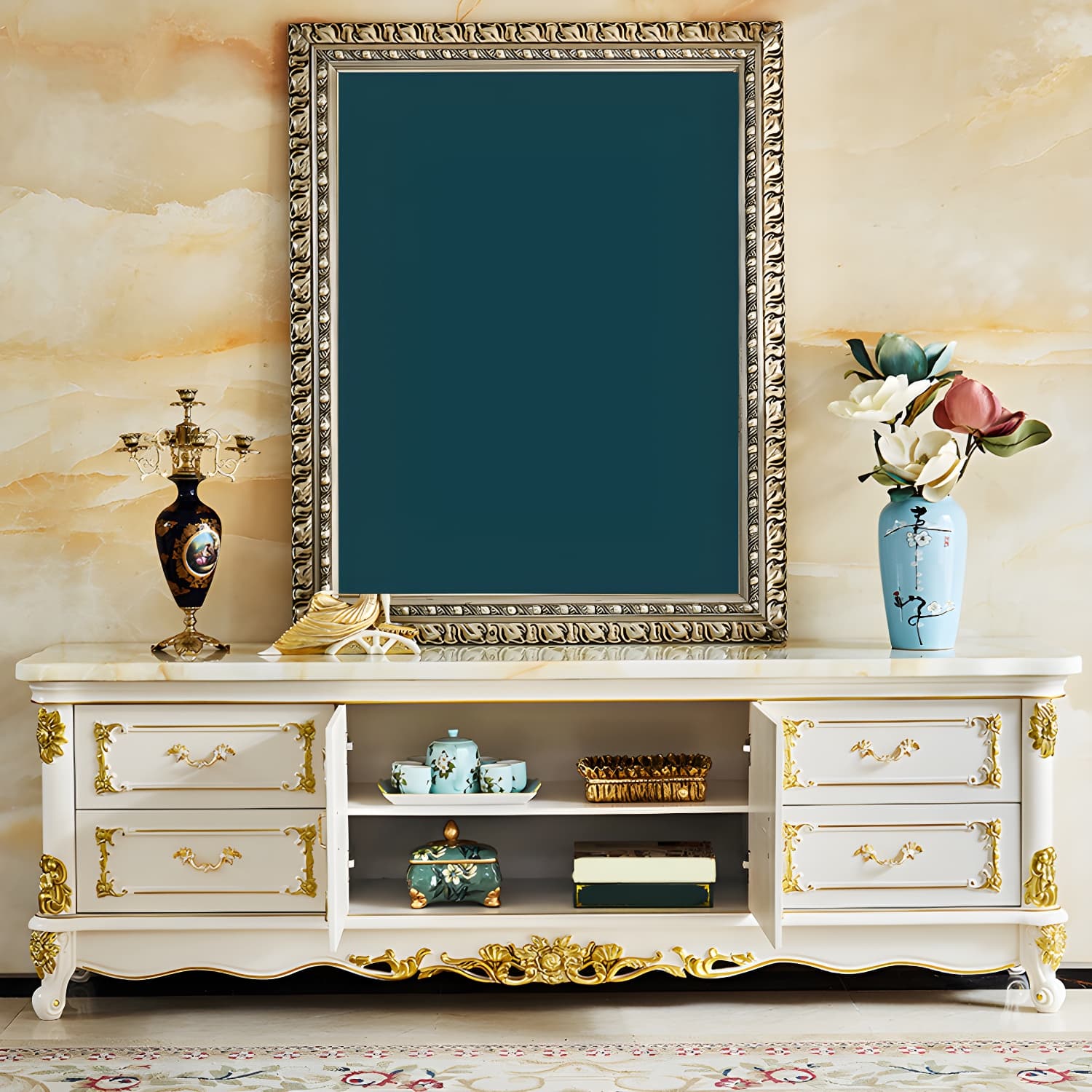 4 Drawers Contemporary Media Console Wood White TV Stand Console - image 3