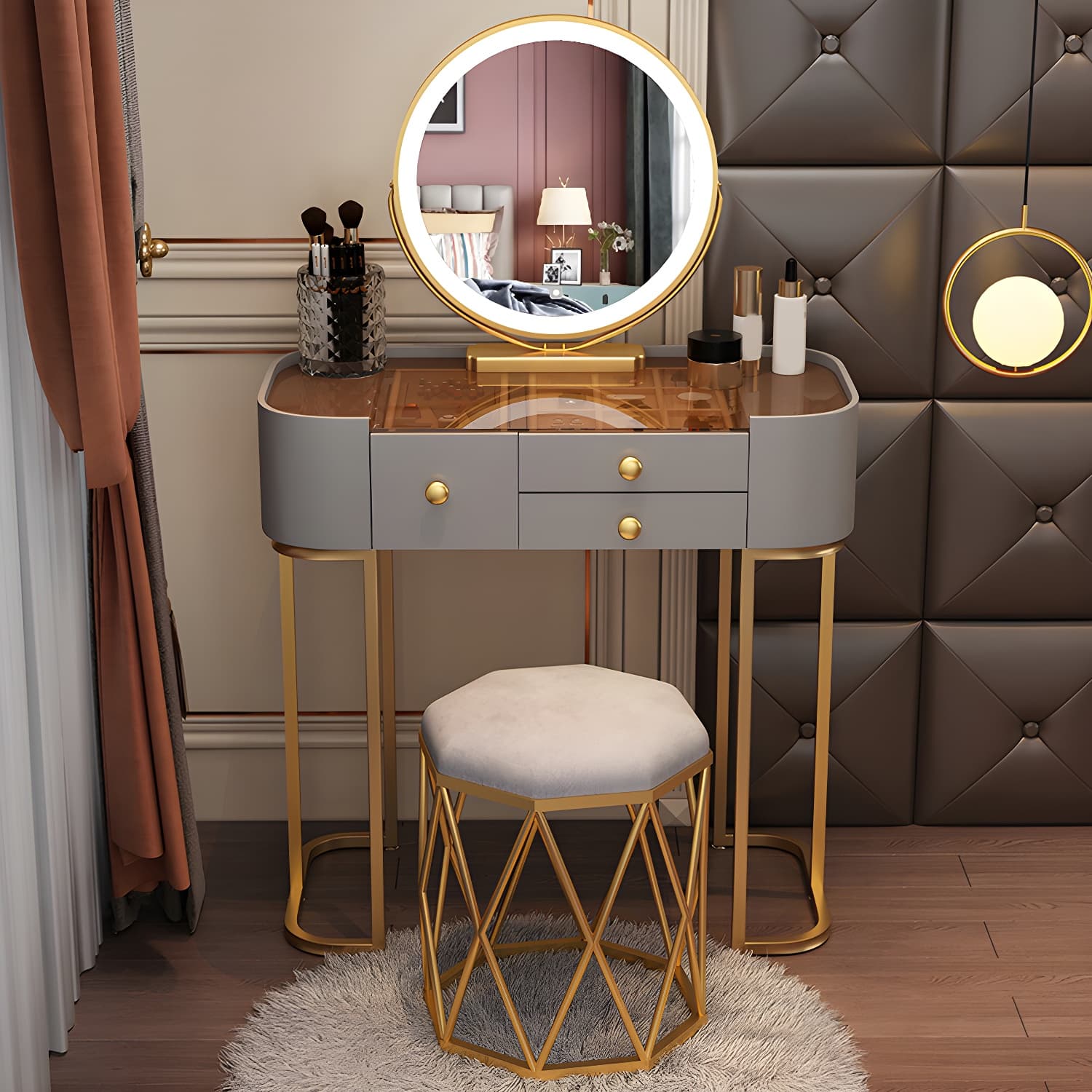 Glam Glass Vanity Dressing Table Bedroom Make-up Vanity with Drawer