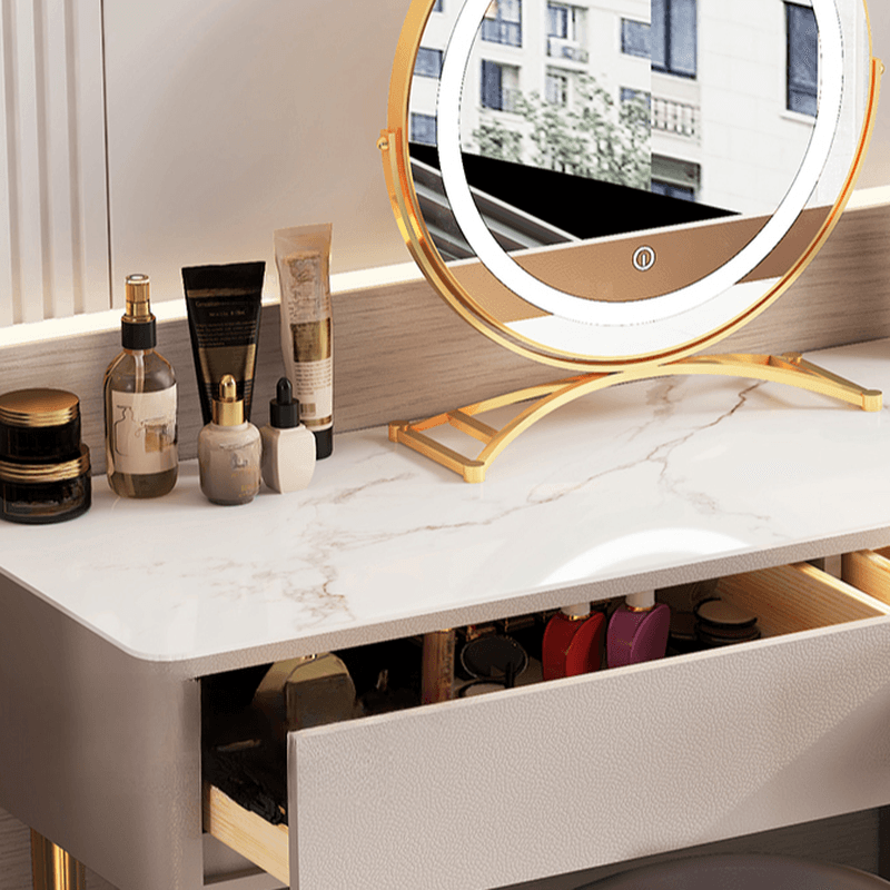 Vanity Set with Stone Table Top, Light Gray Upholstered Chair, 5 Drawers, Mirror Lights, and Push-Pull Lighting - image 11