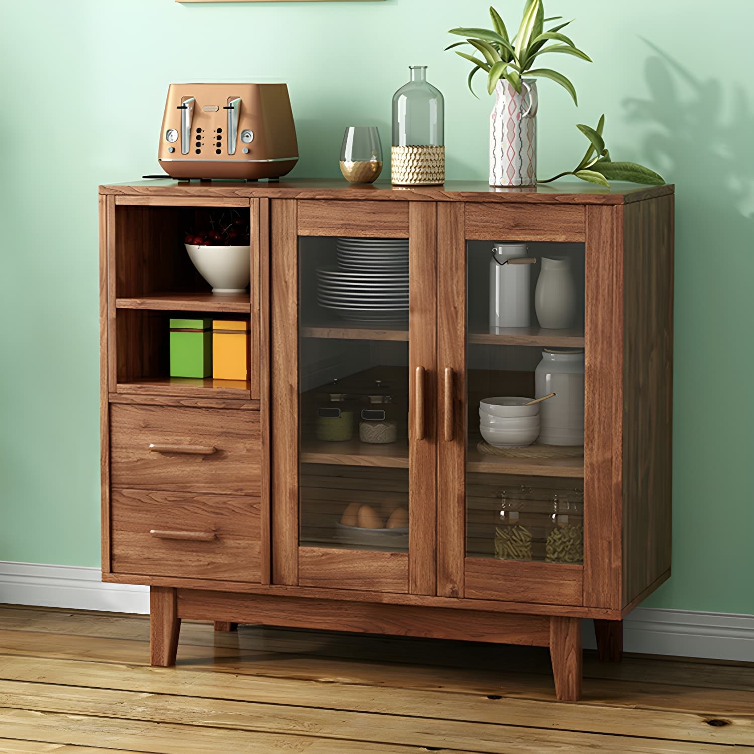 Modern Brown Wood Buffet Sideboard with Glass Doors and Drawers - image 4