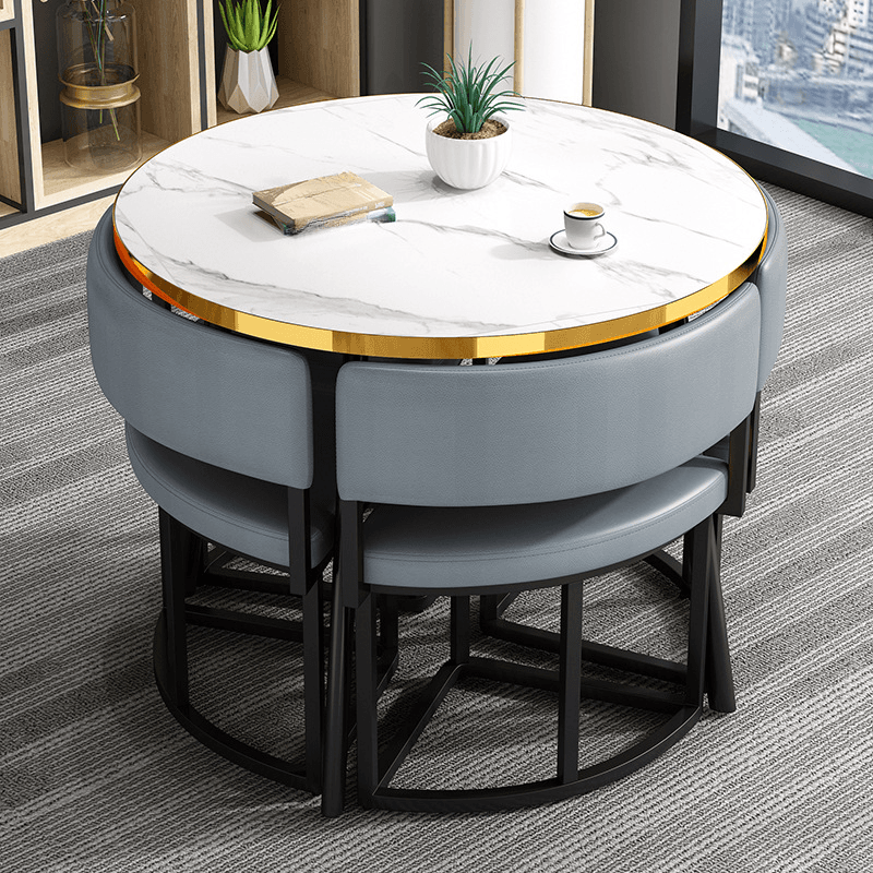 Art Deco Circular-shaped Upholstered Chair Metal & Faux Wood Dining Table Set with Upholstered Back in White, 5 Pieces - image 4