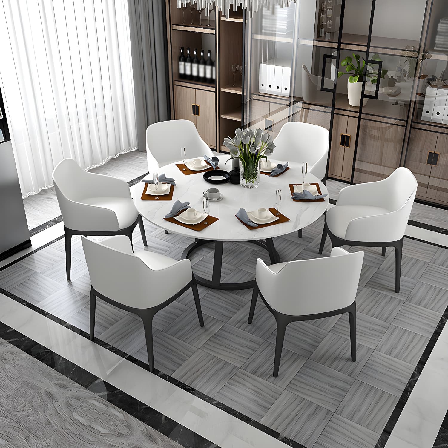 Contemporary Round Dining Table Sintered Stone Top Iron Pedestal Table - image 4