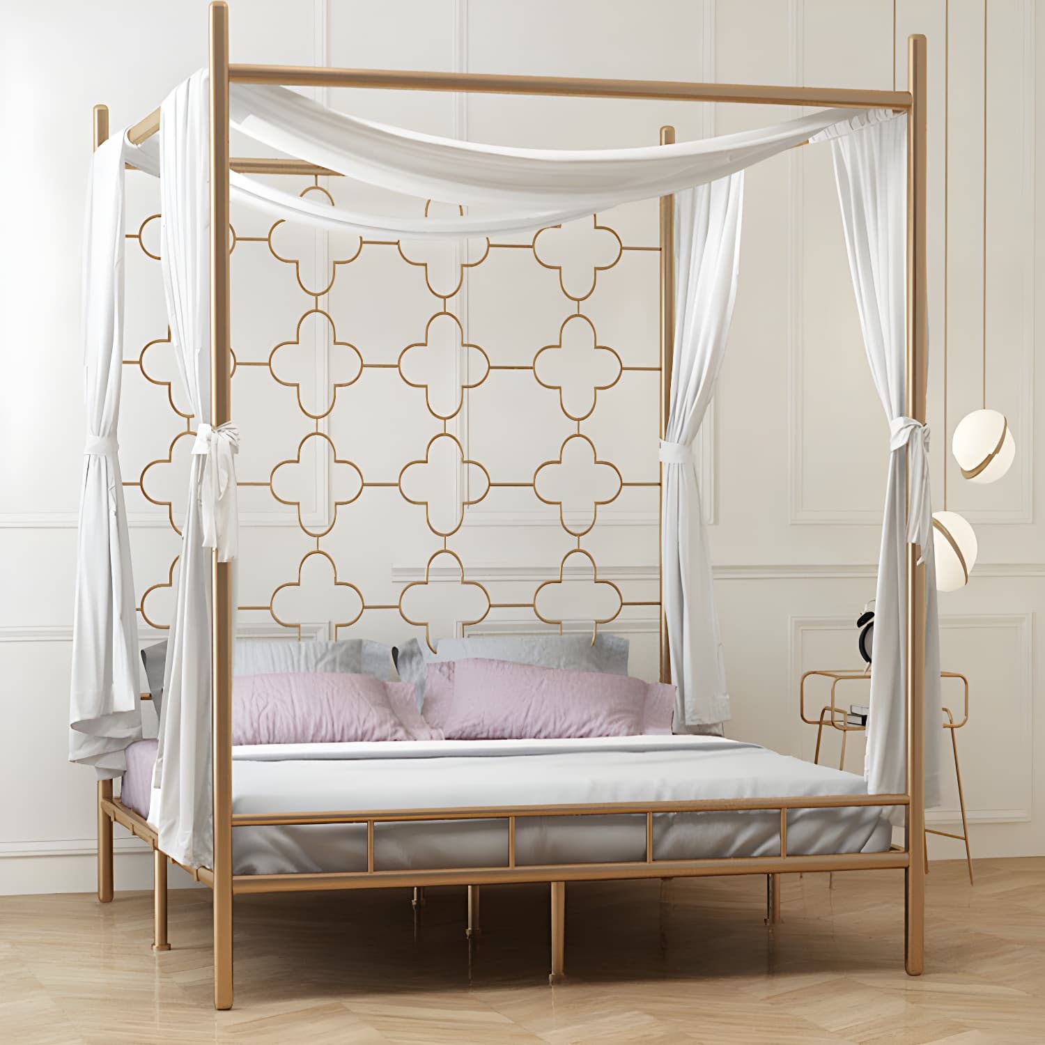 Metal Four Poster Bed with Open-Frame Headboard, Glam Standard Bed - image 15