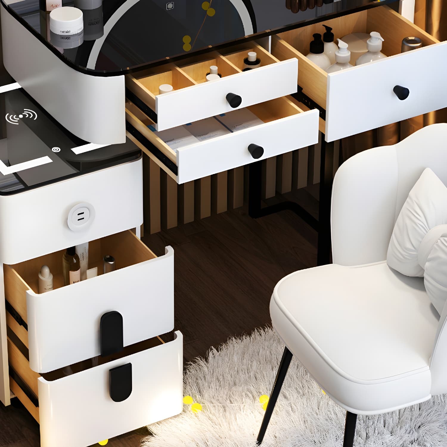 Lighted Mirror Glass Top Makeup Vanity Dressing Table Stool Set with Drawers - image 8
