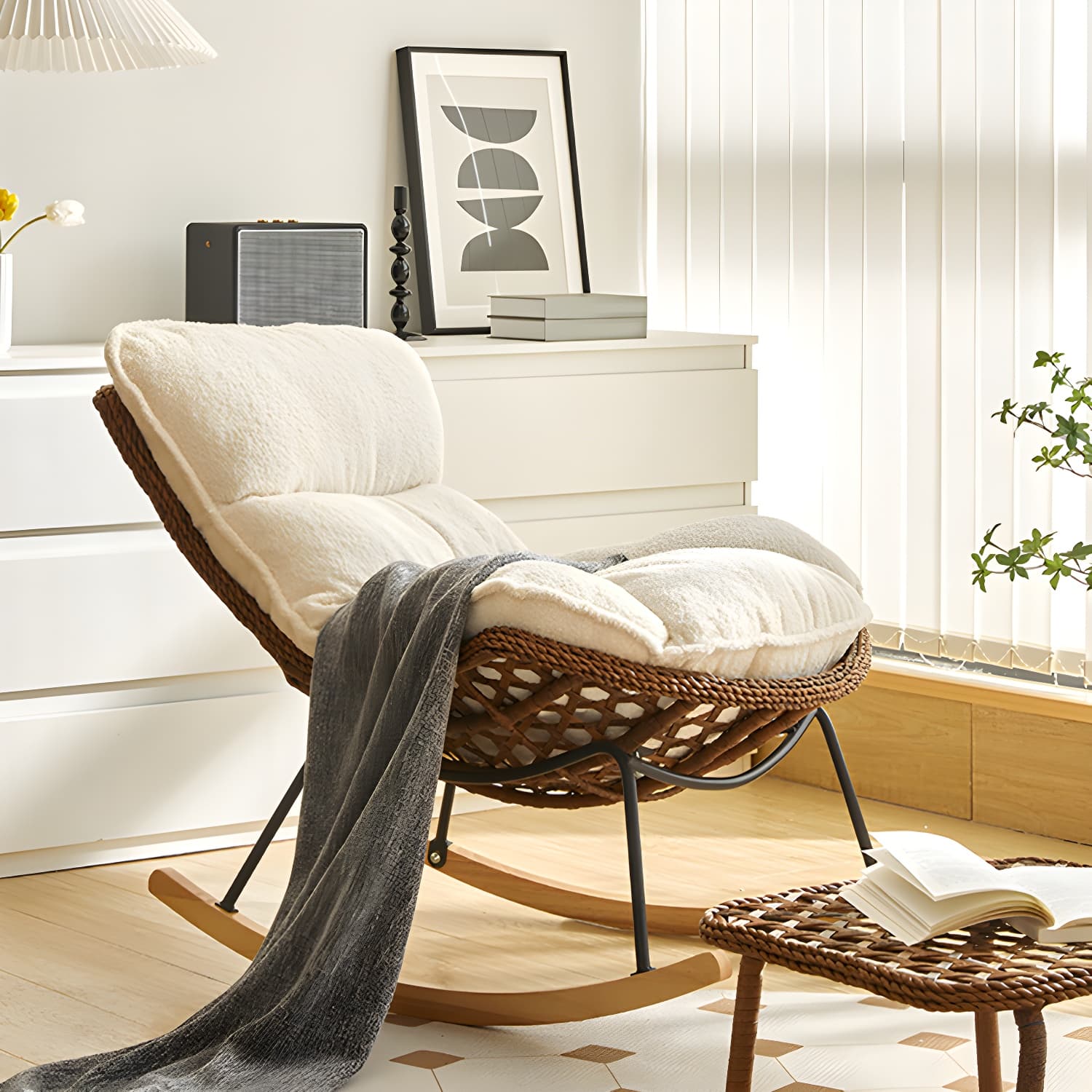 Rattan Brown Frame Rocking Chair Solid Wood Armless for Outdoor - image 12