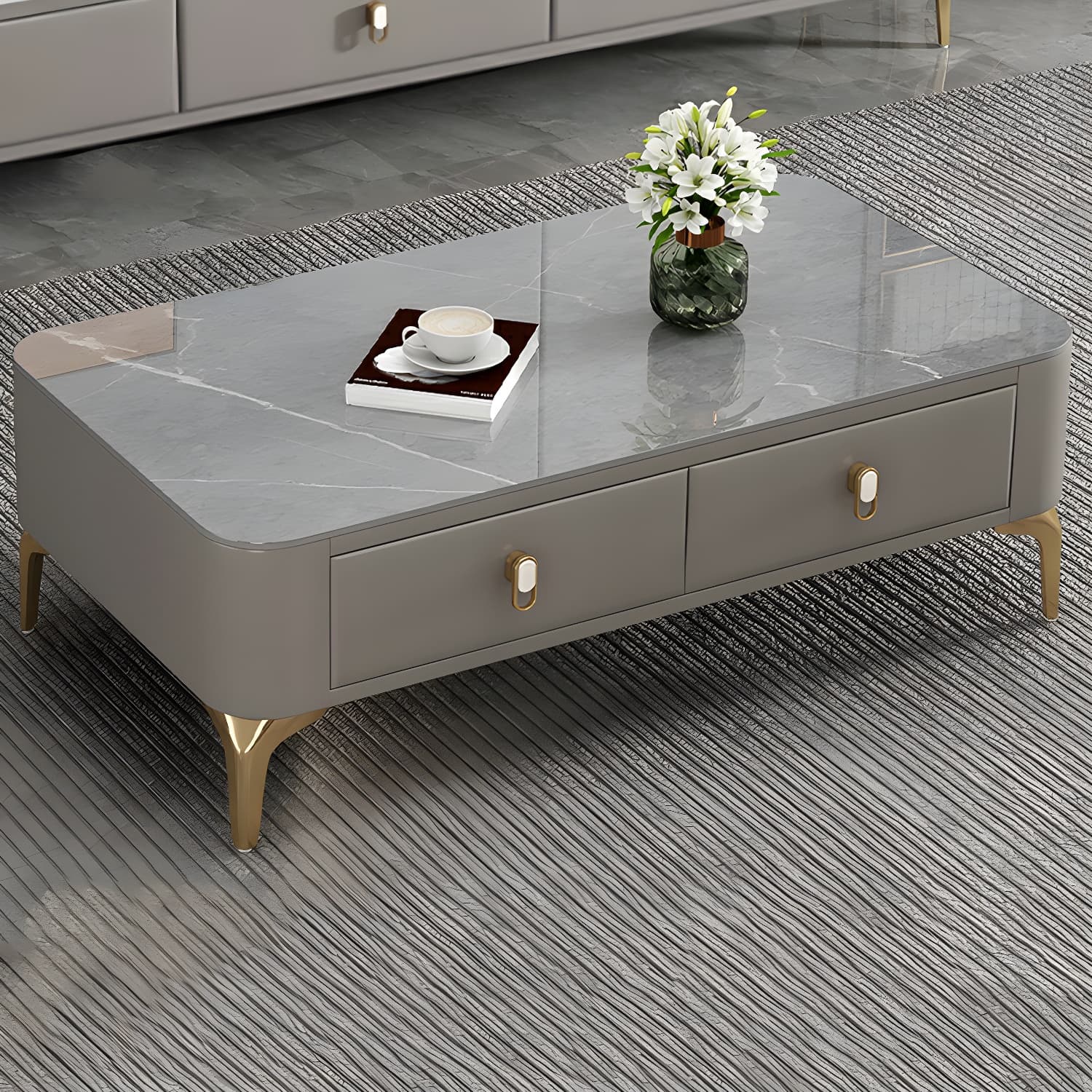 Modern Gold Metal Coffee Table with Stone Top and Built-In Storage Drawers