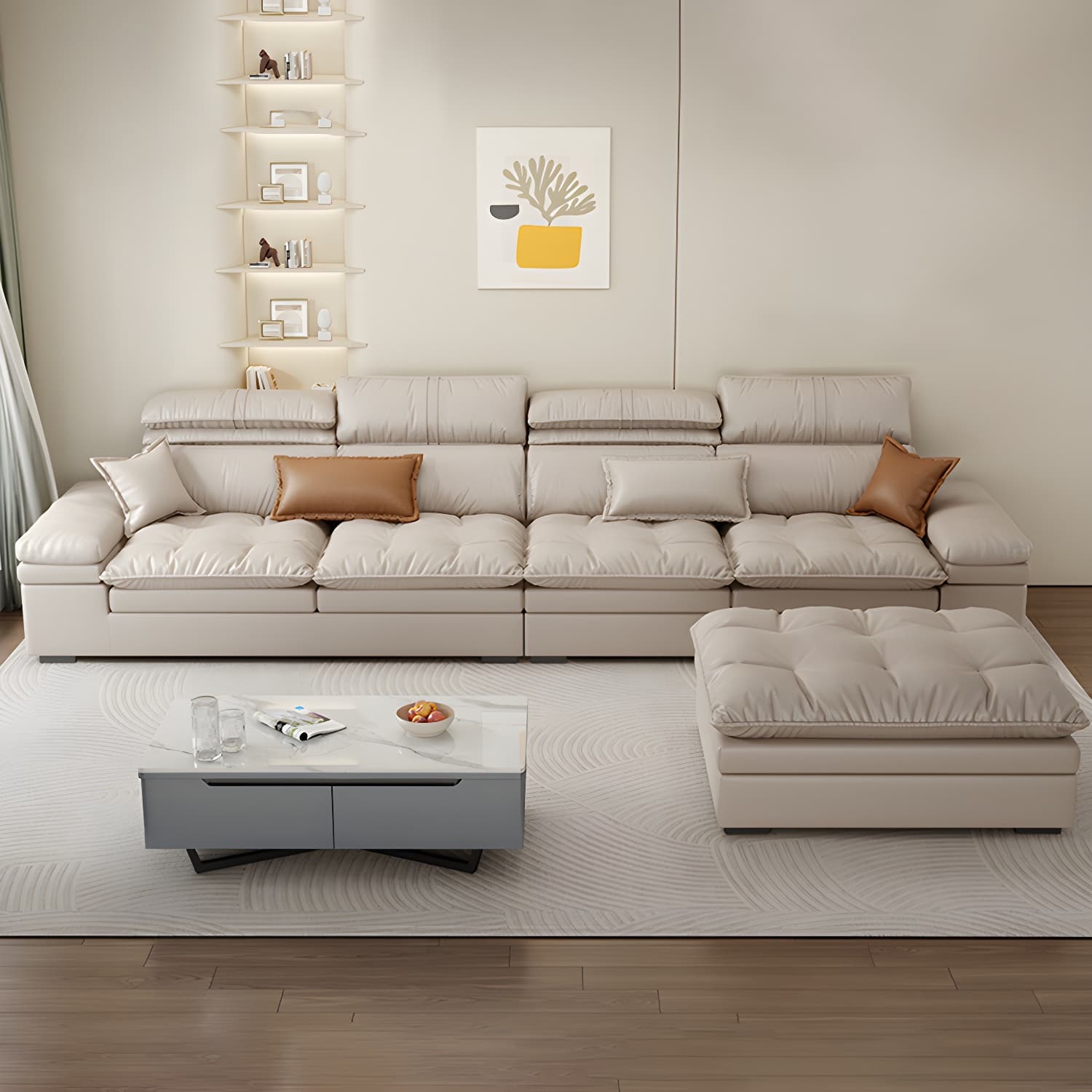 Modern Beige Faux Leather Stationary Sectional Sofa with Adjustable Headrest and Wood Frame - image 3