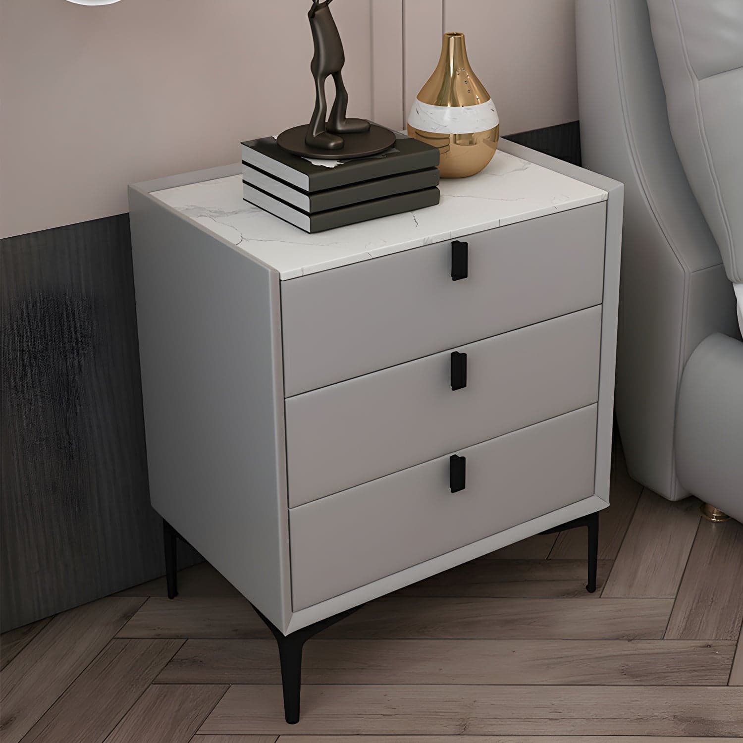Glam Style Sintered Stone Top 3 Drawers Nightstand for Bedroom - image 7