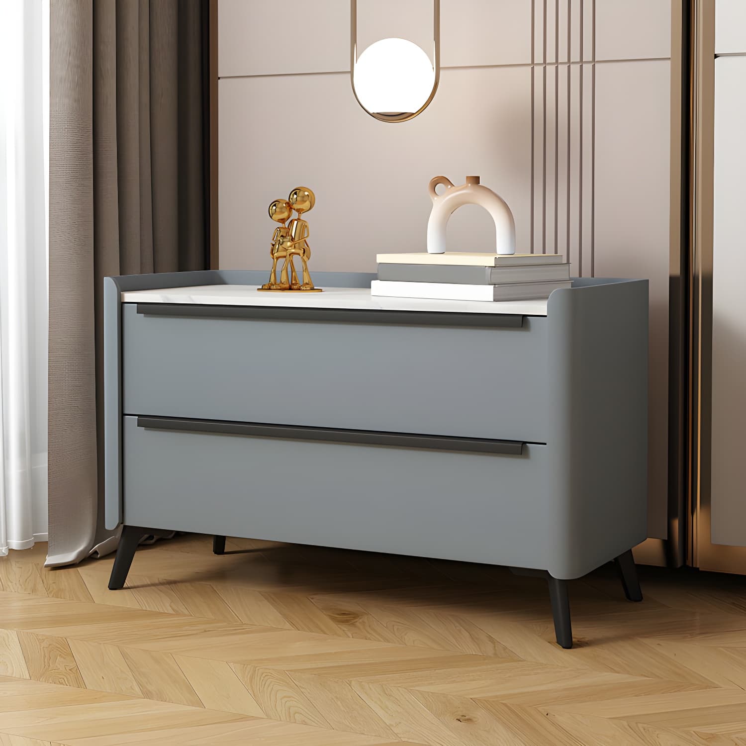Modern Faux Leather Top Nightstand with Two Drawers and Stone Countertop - image 3