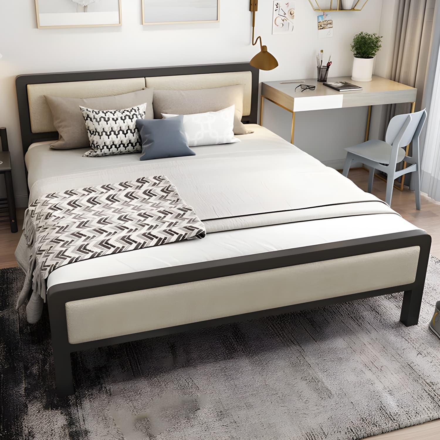 Contemporary Metal Standard Bed, Panel Rectangular Headboard Bed