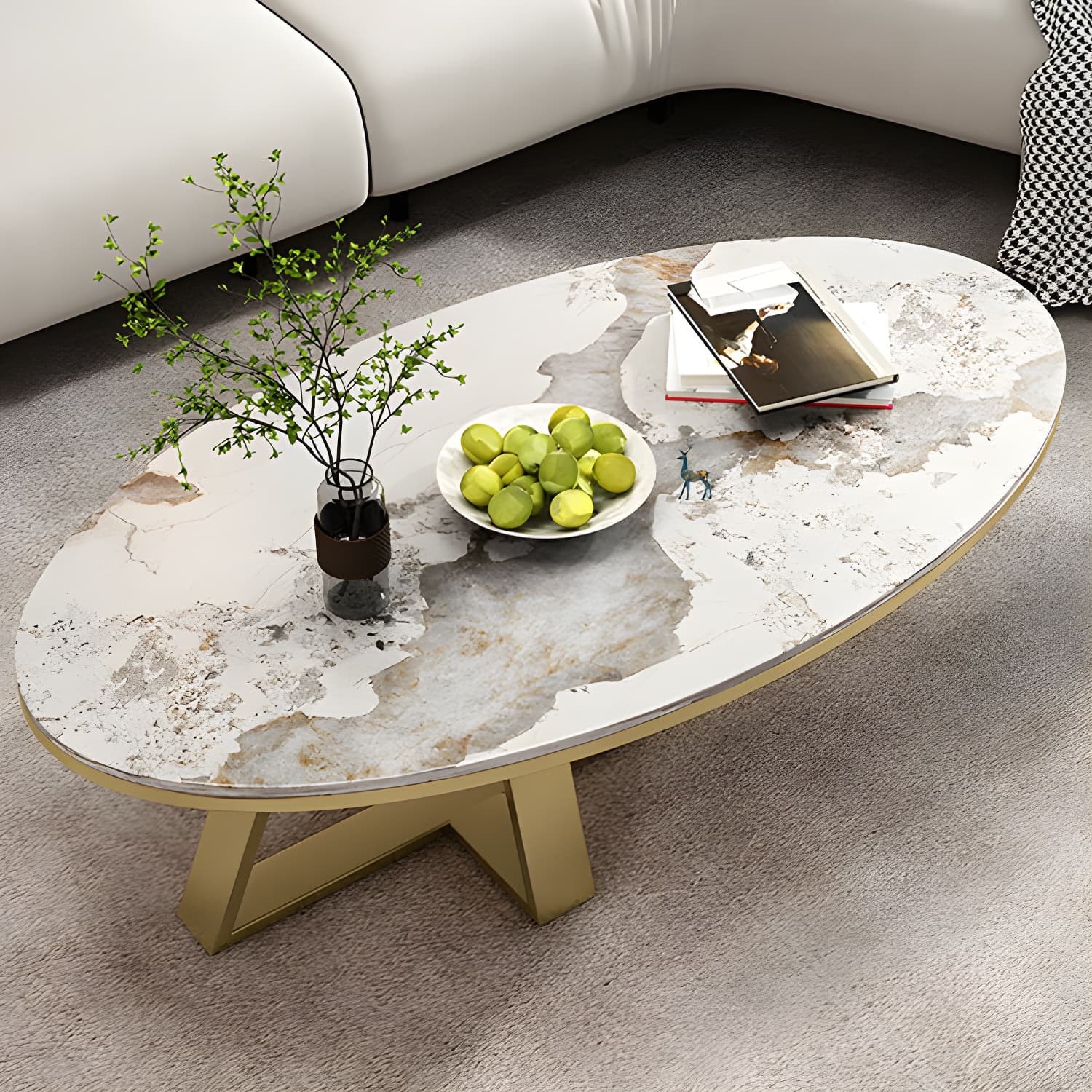 Metal Cross Legs Cocktail Table Luxurious Oval Stone Top Coffee Table - image 12