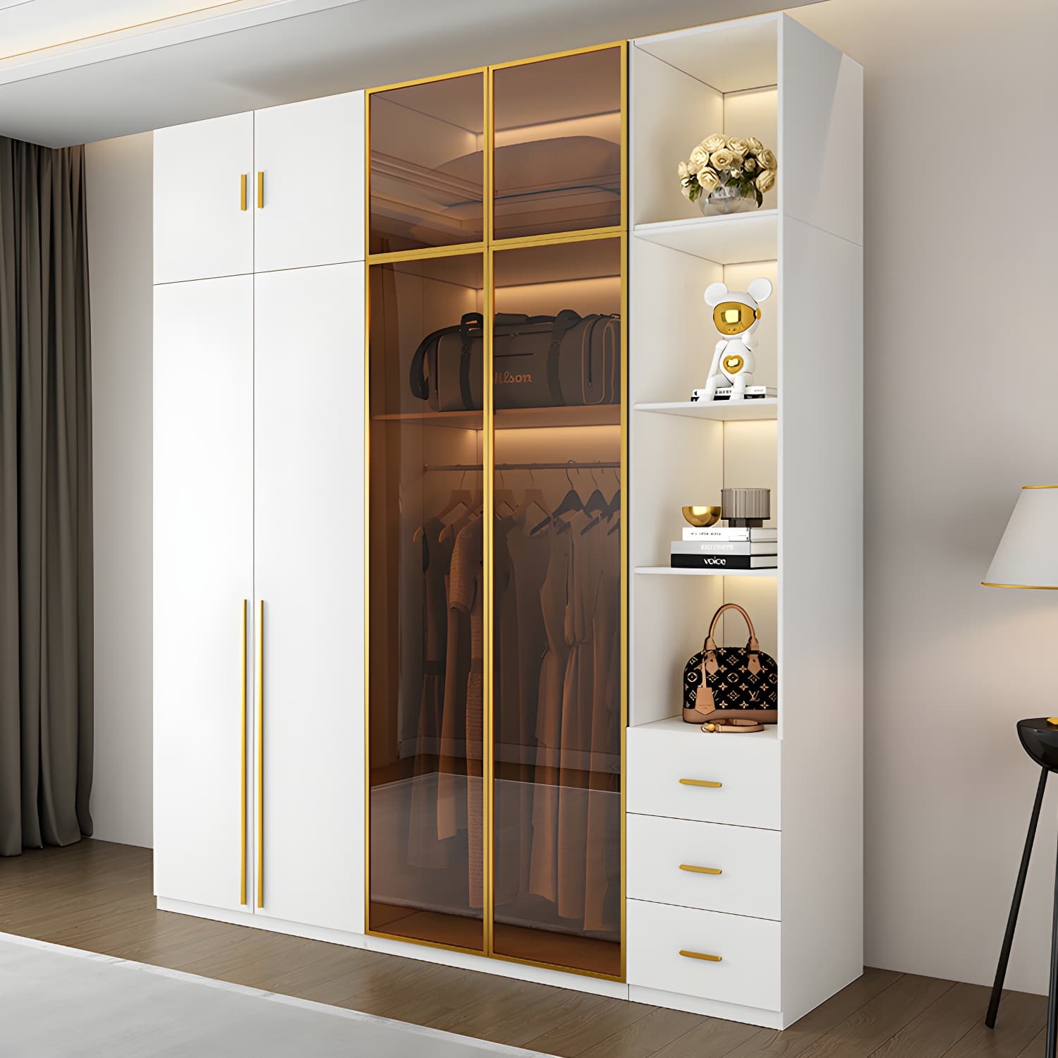 Modern White Wood Frame Wardrobe Armoire Freestanding Wardrobe with Soft Close Drawers - image 3