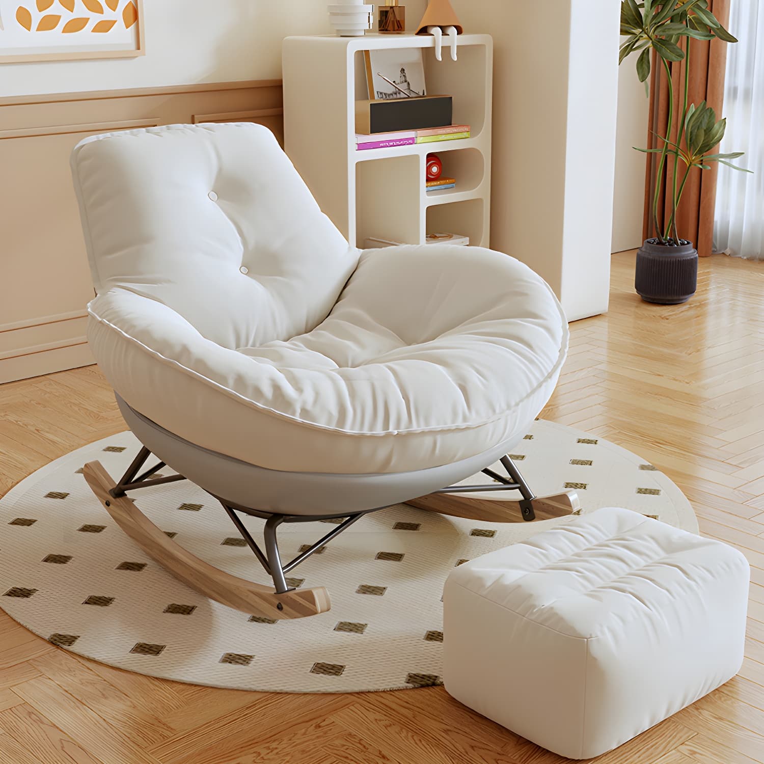 Indoor Contemporary Rocking Chair with Beige Upholstered and Wood Legs - image 20