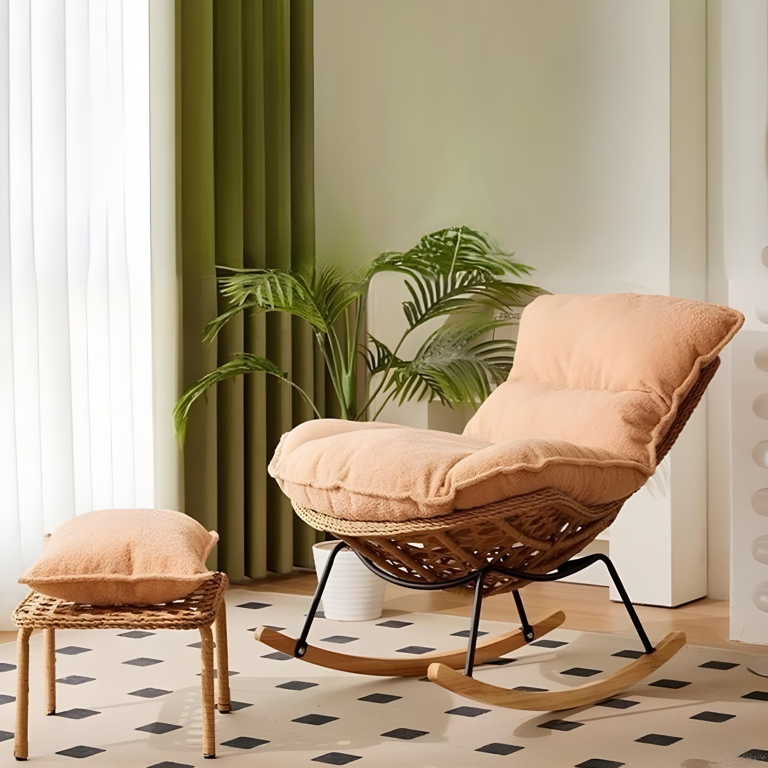 Traditional Armless Design Indoor Rocking Chair with rattan Frame and Nature Wood Legs - image 19